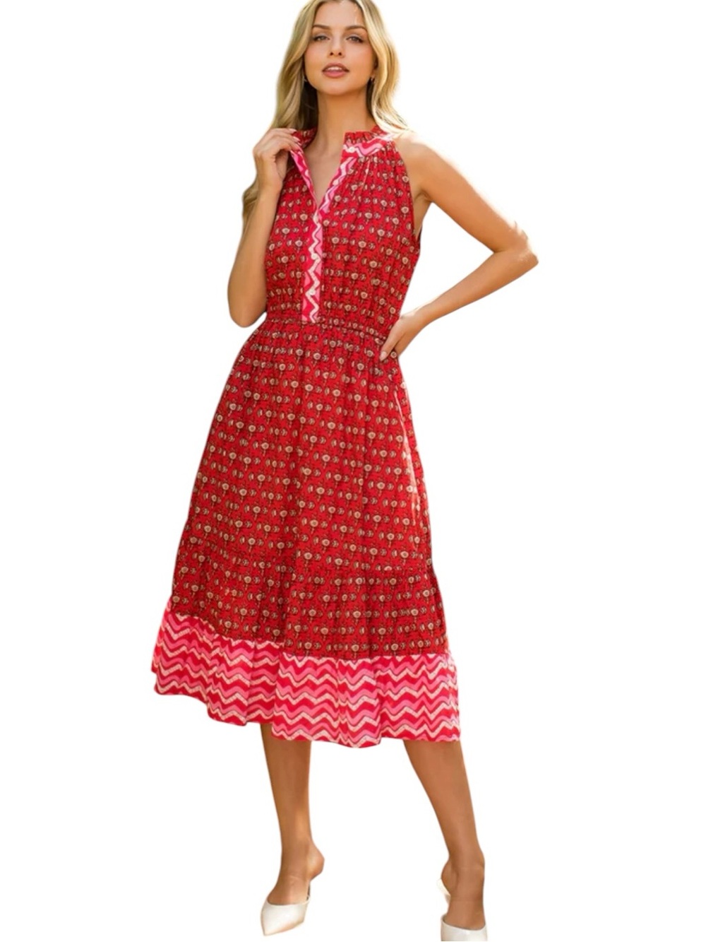 NWT THML Red, White, & Pink Print Halter Midi Dress Medium $90